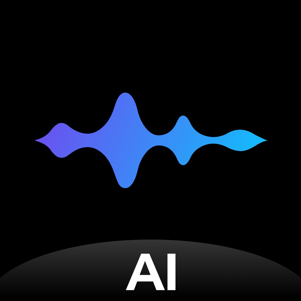 晓音App Logo - 蓝紫色渐变声波图案环绕，黑底白字设计